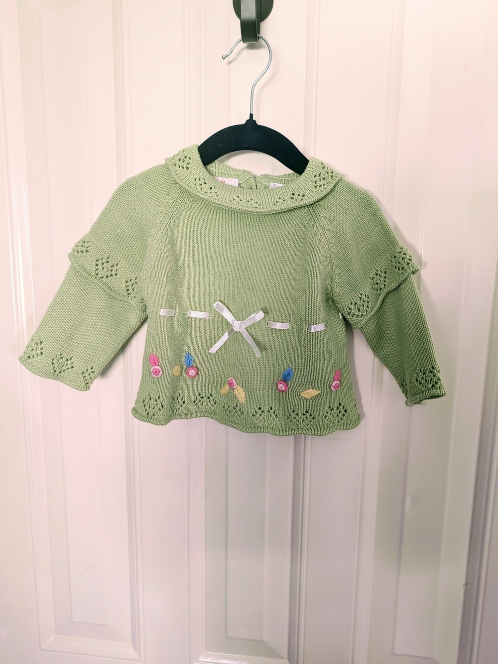 BT Kids Green Knit Sweater with Ribbon & Floral Details